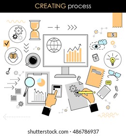 The concept of the creative process . Process of creation. Workplace on a white background.  Linear flat vector illustration