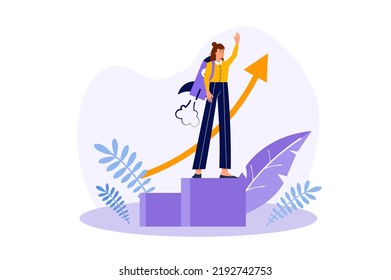 Concept Creative startup with people scene in the flat cartoon design. Girl implemented her creative startup and is rapidly developing it. Vector illustration.