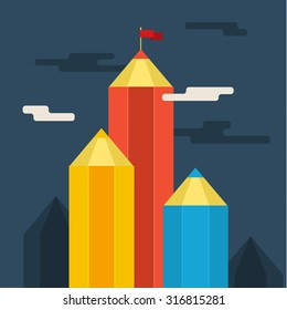 Concept of creative success. Goal achievement, mountain with flag. Flat design, vector illustration.