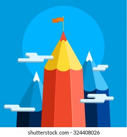 Concept of creative success. Goal achievement, mountain with flag. Flat design, vector illustration.