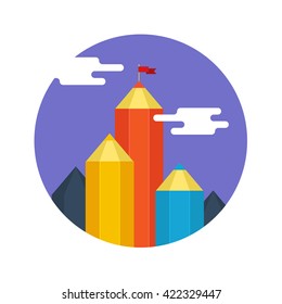 Concept of creative success. Goal achievement, mountain with flag. Flat design, vector illustration.