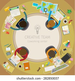 Concept of creative teamwork. Business meeting and brainstorming. Flat design, vector illustration