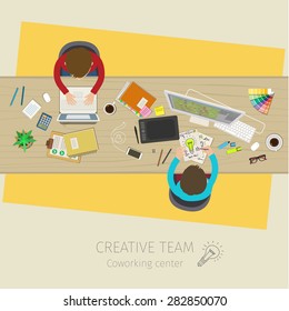 Concept of creative teamwork. Business meeting and brainstorming. Flat design, vector illustration