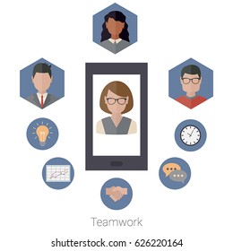 Concept of creative teamwork with set of people. Infographic teamwork and brainstorming. Flat style.