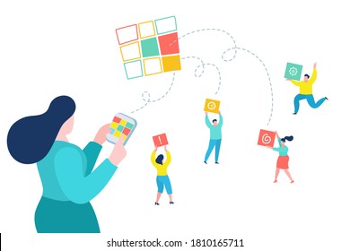 Concept of Creative teamwork. Woman assigns tasks via mobile app. People are building a business project on the Internet. Vector flat design