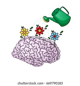 The concept of creative thinking. The brain that blooms, watered from the garden watering. Vector illustration. Cartoon style.