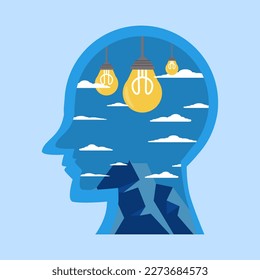 Concept Creative thinking, creativity development, design solutions, smart people, inspiration and motivation, positive mindset, flat vector illustration.