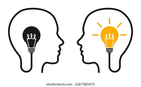 Concept creative thinking idea and innovation, humans head silhouette, light bulb idea, brainstorming, competition, therapist and patient - vector