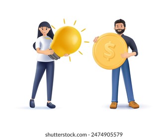 Concept of creative work, finding brilliant ideas and sell them. Problem and solution, creative people with light bulb and money. 3D vector illustration isolated on white