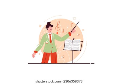 Concepto Trabajadores creativos con gente escena en el diseño de caricaturas planas. La mujer está comprometida con el trabajo creativo y crea música. Ilustración vectorial.