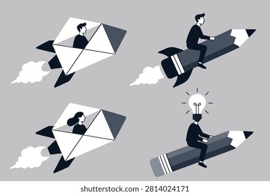 Concept of creativity and ideas shown by men and women flying through the sky on giant pencils and inside large paper airplanes.