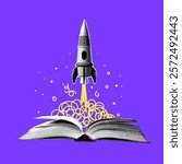 Concept of creativity and imagination. Halftone rocket launches from book. Modern collage. Idea for business startup. Theme of knowledge, education, university graduation