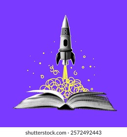 Concept of creativity and imagination. Halftone rocket launches from book. Modern collage. Idea for business startup. Theme of knowledge, education, university graduation