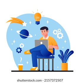 Concept of creativity. Man with laptop writing article or working on project. Creative person, freelancer or remote employee. Learning and imagination, content. Cartoon flat vector illustration