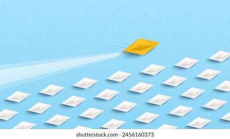 Concept of creativity, new ideas, and innovative. Different business. Vector illustrations.Yellow paper boat changing direction
