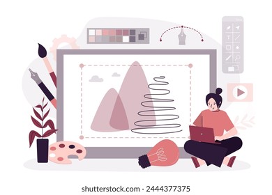 Concept of creativity, new innovative idea, innovation, inspiration for artist. Woman creator uses laptop and drawing new artwork or graphic design. Female designer creative thinking. Workflow. vector