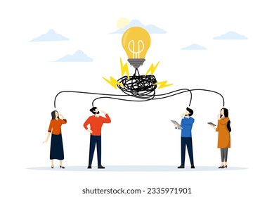 concepto de trabajo en equipo de creatividad o colaboración para el éxito, ideas de lluvia de ideas, reunión de equipo o discusión para soluciones de negocios o inspiración, hombre de negocios y mujer con ideas de nueva bombilla 
