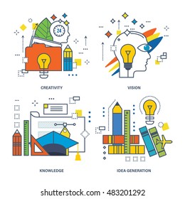 Concept of creativity, vision, knowledge, idea generation. Color Line icons collection.