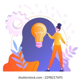 Concept of creativity. Woman on background of silhouette of head with light bulb. Creative personality with insight, brainstorming and cognitive abilities. Cartoon flat vector illustration
