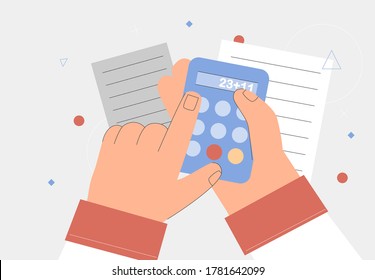 Concept of credit, Finance, mortgage, spending planning. Hand holding a calculator, documents. Flat style vector illustration.