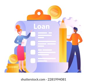 Concept of credit. Woman and man with pencil standing near lease contract. Financial literacy and assessment of income and expenses, management. Cartoon flat vector illustration
