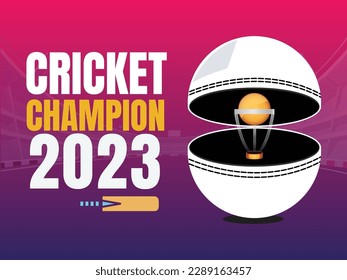 Concept Cricket champion bannner 2023 concept with golden trophy concept in cricket ball with stadium at background