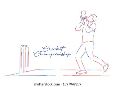 Concept of Cricket sportsman playing match Dive to Catch. Vector illustration.