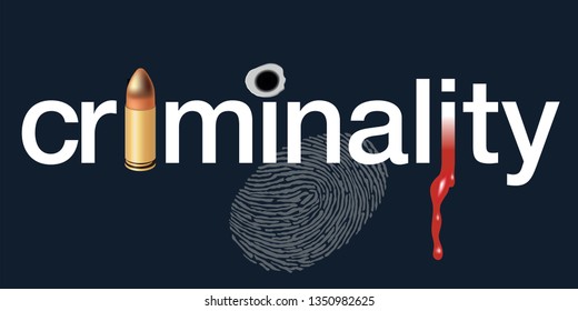 Concept of crime and delinquency, with the word crime written with a revolver cartridge, a bullet impact and a blood stain.