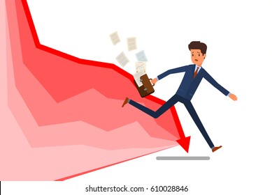 Concept of crisis. Businessman try to escape the economic crisis represented by an arrow. Flat design, vector illustration.