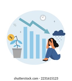 The concept of crisis, falling quotes and income. Depressed woman on the background of falling investment value graph. Vector illustration.