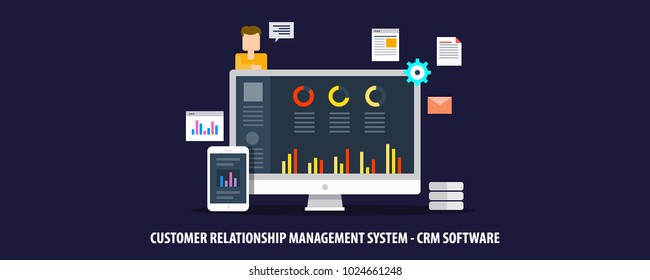 Concept Of CRM, Customer Relationship Management Application On Computer Screen Vector Illustration