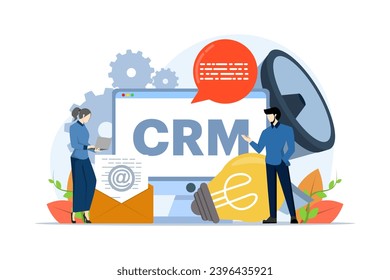 Concept of CRM, Customer Relationship Management, Organization of data about work with clients, Corporate Strategy Planning, Business Data Analysis, flat vector illustration on a white background.