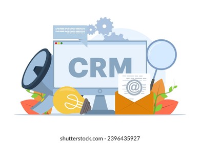 Concept of CRM, Customer Relationship Management, Organization of data about work with clients, Corporate Strategy Planning, Business Data Analysis, flat vector illustration on a white background.