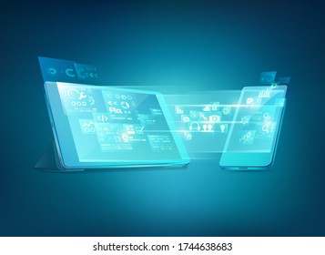 concept of cross-platform technology on devices or internet of things - IOT, graphic of tablet and mobile phone with futuristic element