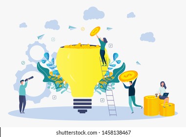 The concept of crowdfunding and investing in an idea or starting a business. Colorful illustration. People invest idea for business.