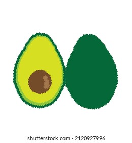 El concepto de cripto artístico. Aguacate cortado y entero con gráficos de píxeles. Diseño plano. token permanente