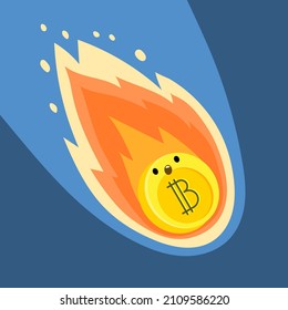 Concept of Crypto currency. Bitcoin crypto currency fall down from the moon like a meteor. Flat design vector illustration.