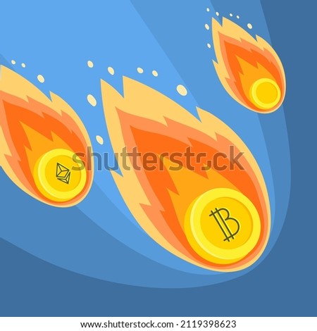 Concept of Crypto currency. Bitcoin crypto currency fall down from the moon like a meteor. Flat design vector illustration.