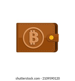 Concept of Crypto currency. Brown bitcoin wallet with coins on white background. Flat design, vector illustration.