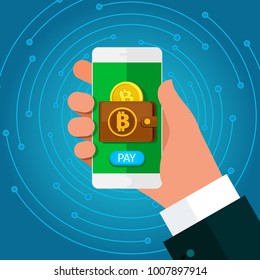 Concept of Crypto currency. Businessman holds a smartphone in his hand with symbol of bitcoin and button Pay on screen. Flat design, vector illustration.