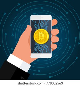 Concept of Crypto currency. Businessman holds a smartphone in his hand with symbol of bitcoin on screen. Flat design, vector illustration.