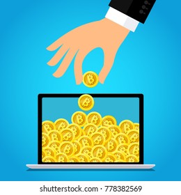 Concept of Crypto currency. Businessman holds a bitcoin in his hand and puts it in a virtual wallet. Crypto currency mining. Flat design, vector illustration.