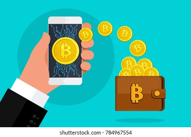 Concept of Crypto currency. Businessman holds a smartphone in his hand with symbol of bitcoin on screen. Withdrawal of money into the wallet. Flat design, vector illustration.