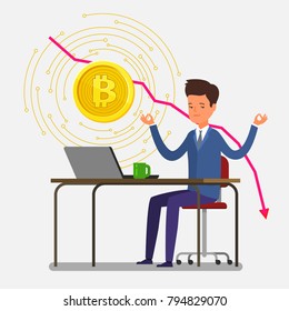 Concept of Crypto currency. Businessman meditates, hi making investments for bitcoin and blockchain. Bitcoin financial system falls. Flat design, vector illustration.