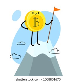 Concept of Crypto currency. Cartoon bitcoin character. Bitcoin stands on the top of the mountain and holds the flag. Vector illustration.