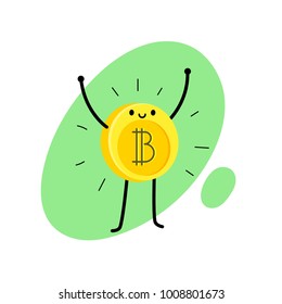 Concept of Crypto currency. Cartoon bitcoin character. Bitcoin stands and shines hands up. Vector illustration.