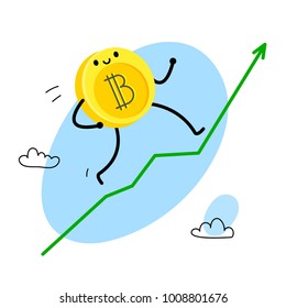 Concept of Crypto currency. Cartoon bitcoin character. Bitcoin runs up on the green arrow. Vector illustration.