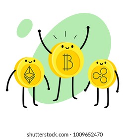 Concept of Crypto currency. Cartoon bitcoin character. Bitcoin stands with Etherium and Ripple. Vector illustration.