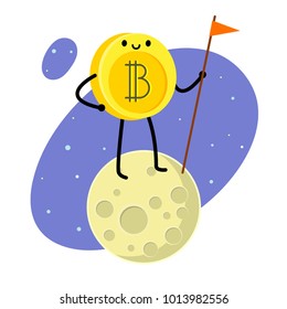 Concept of Crypto currency. Cartoon bitcoin character. Bitcoin stands on the moon and holds the flag. Vector illustration.