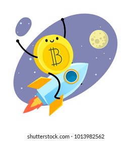 Concept of Crypto currency. Cartoon bitcoin character. Bitcoin flies on the rocket to the Moon. Vector illustration.